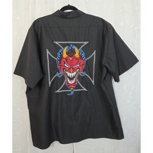 LETHAL THREAT Motorgear Black Work Button  Shirt Red Devil Face Iron‎ Cross 2XL